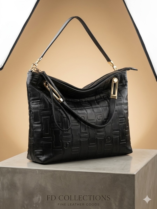 Handbags - Due Fratelli Black Embossed Leather Shoulder Bag